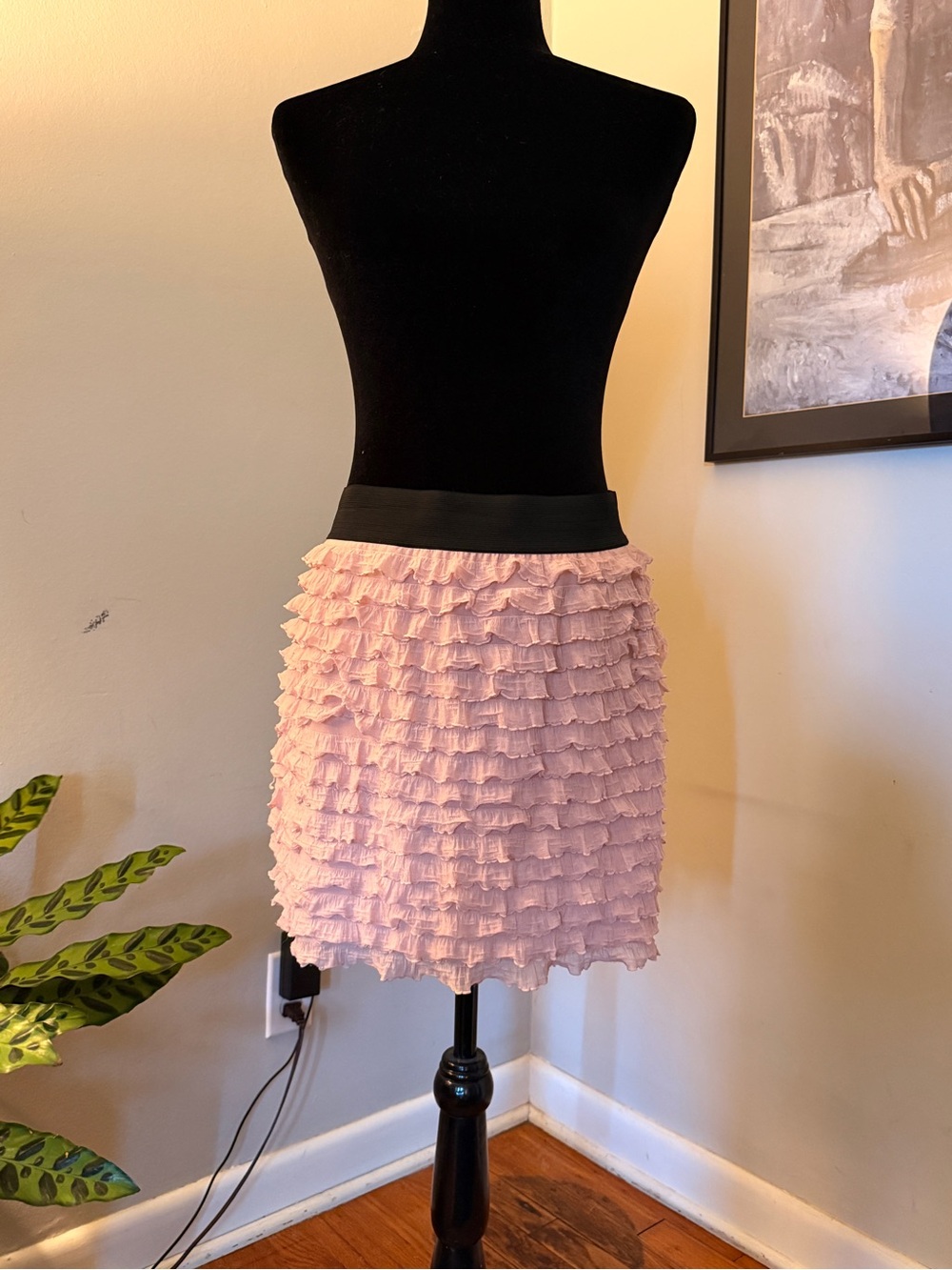 Pink Ruffle Mini Skirt with Black Waistband